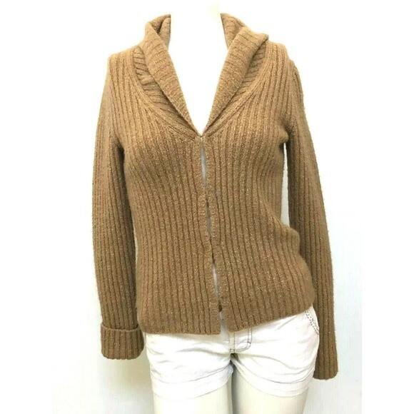 Express Women’s Small Sweater Tan Metallic Wool Blend Long Sleeve Cardigan - Picture 2 of 6